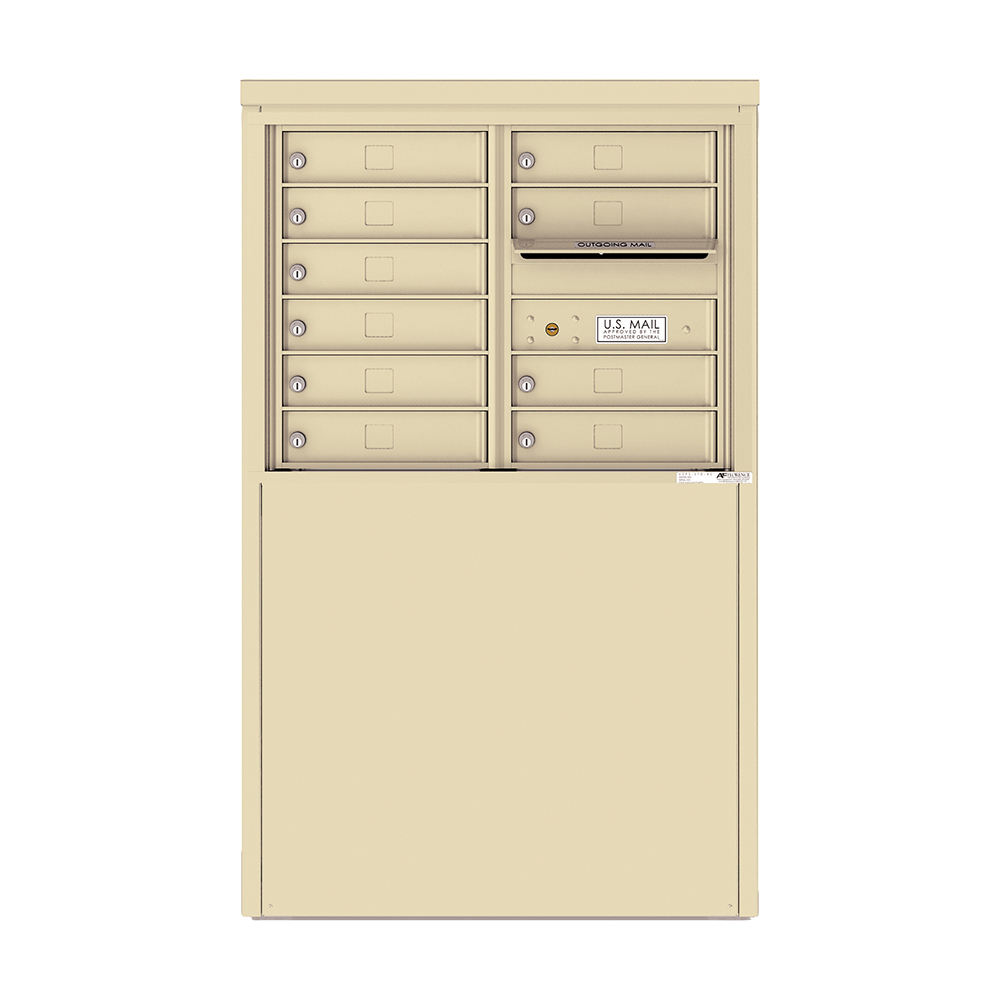 Beige multi-unit mailbox with individual locked compartments and outgoing mail slot.
