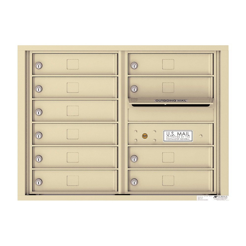 Beige wall-mounted cluster mailbox with multiple locked compartments and outgoing mail slot.