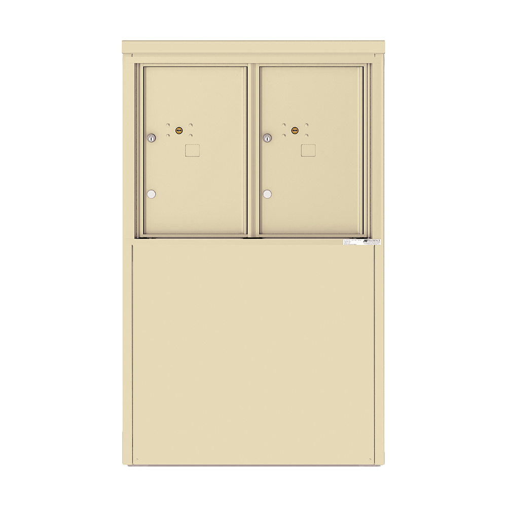 Beige double-door metal mailbox with lock mechanisms, front view.