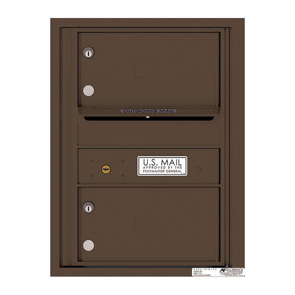 Brown wall-mounted U.S. Mailbox with outgoing mail slot and two lockable compartments.