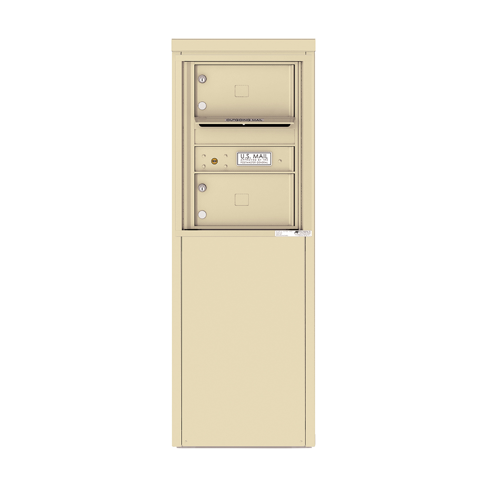 Beige outdoor mailbox unit with two compartments and a mail slot.