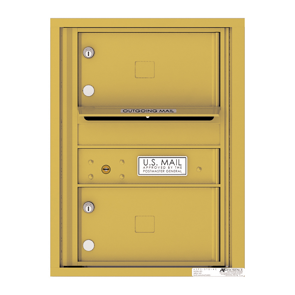 Yellow wall-mounted U.S. Mailbox with two compartments and outgoing mail slot.