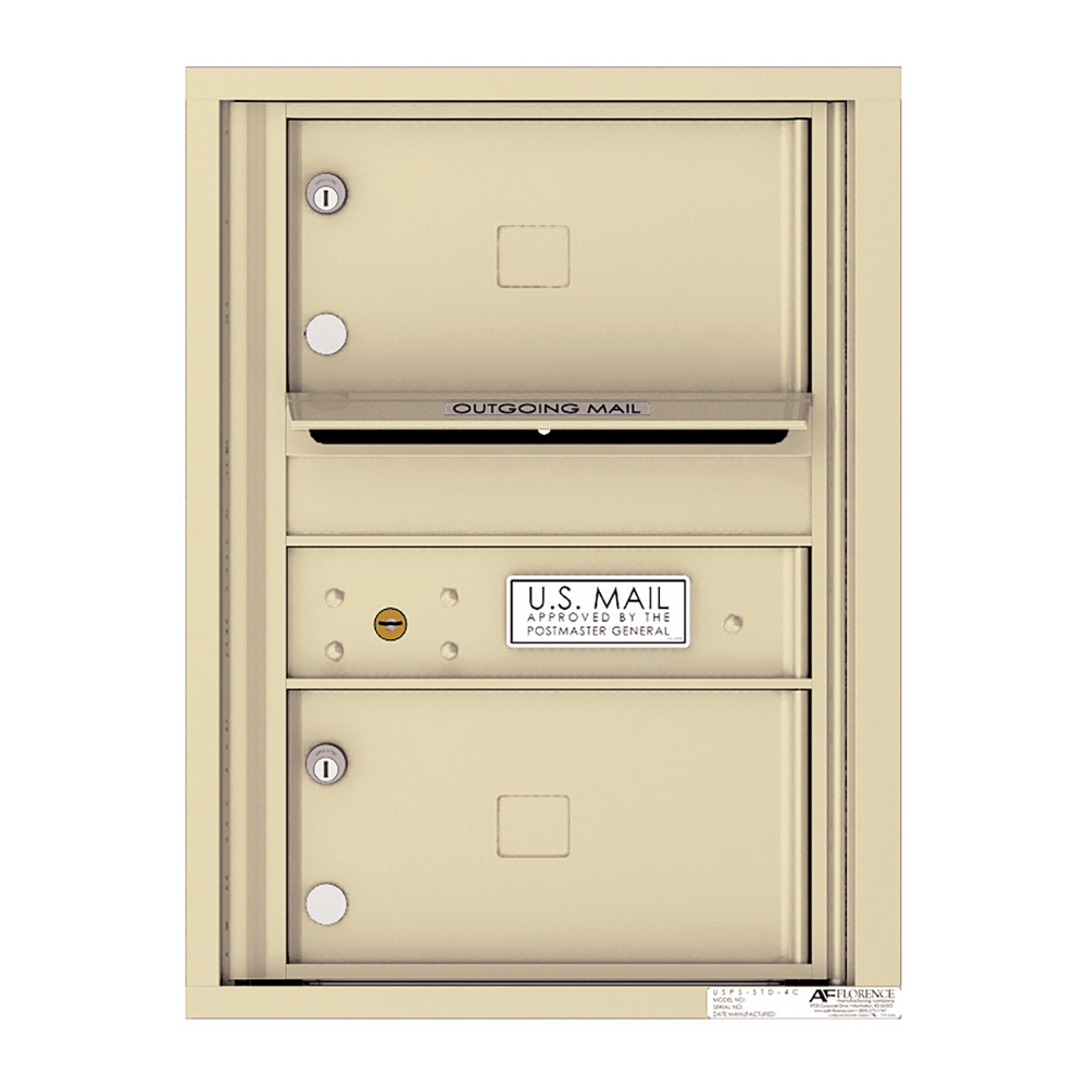Beige wall-mounted U.S. Mailbox with outgoing mail slot and lockable compartments.