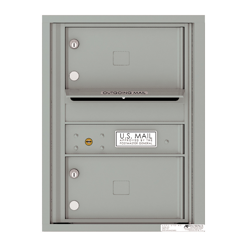 Gray wall-mounted U.S. Mailbox with outgoing mail slot and lockable compartments.
