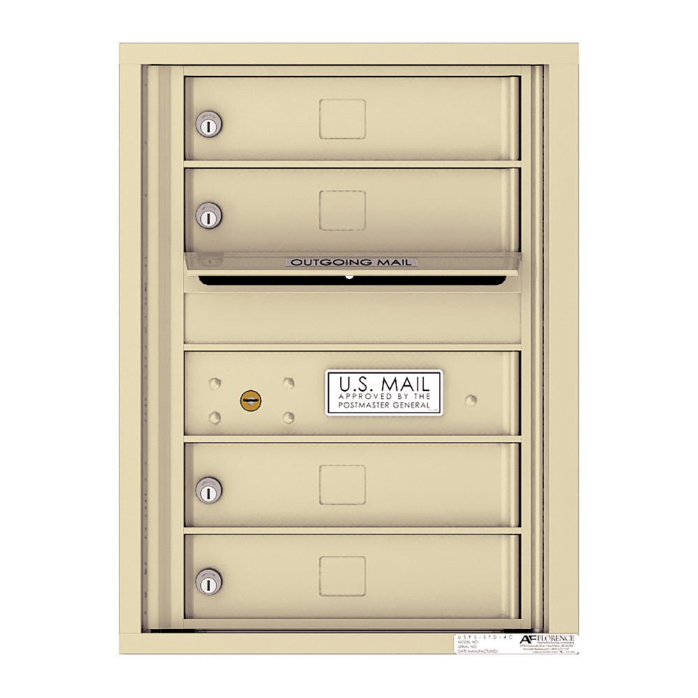 Beige multi-unit mailbox with outgoing mail slot and U.S. Mail approval label.