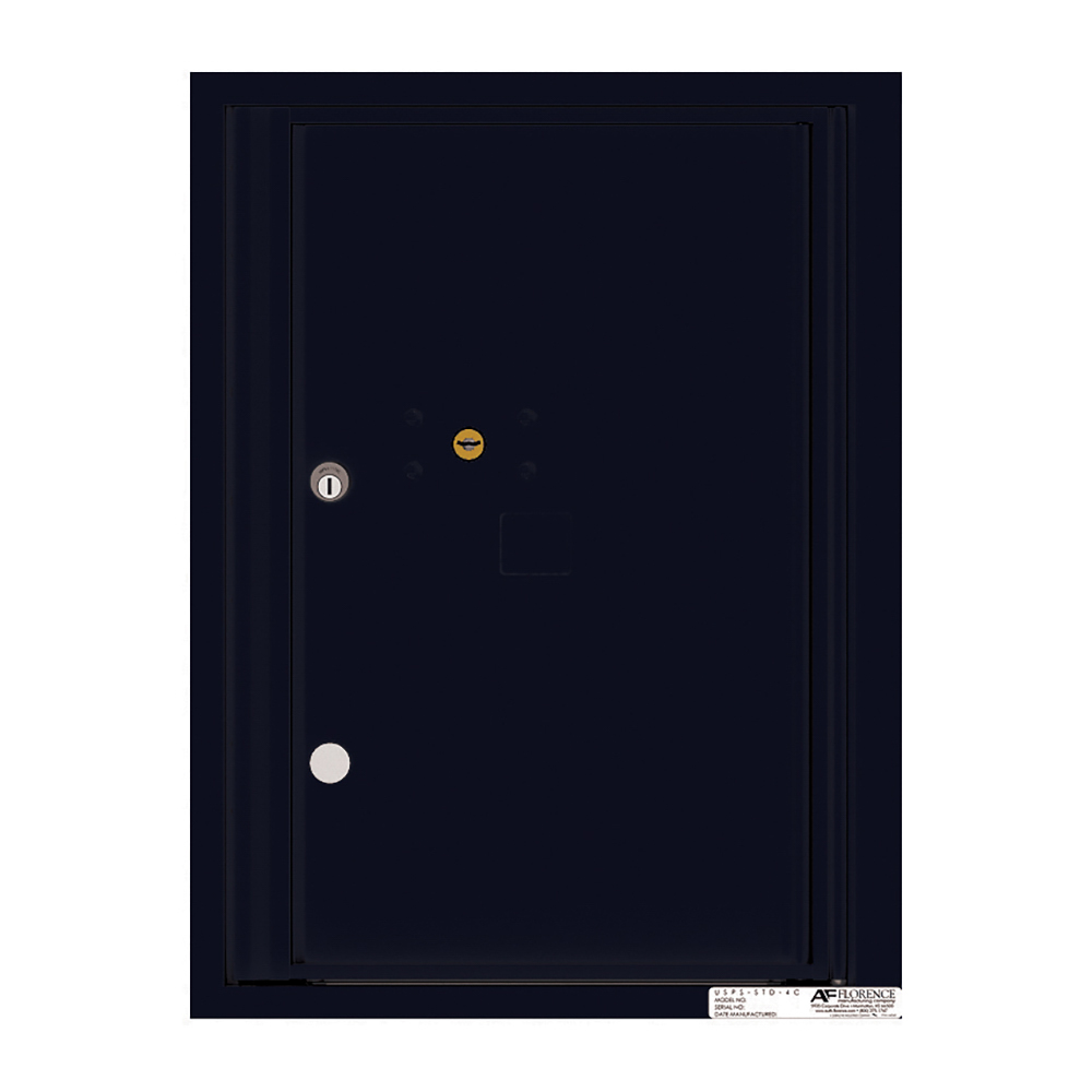 Black security door with a peephole and two locks, featuring a label at the bottom right corner.