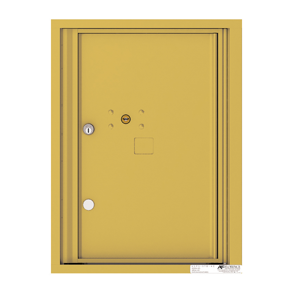 Yellow metal mailbox with lock and keyhole, front view.