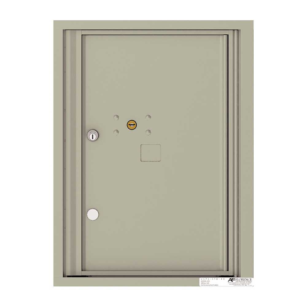 Beige metal security door with a keyhole and circular handle, viewed from the front.