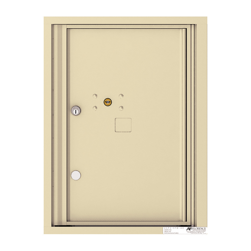 Beige metal security door with keyhole and circular lock.