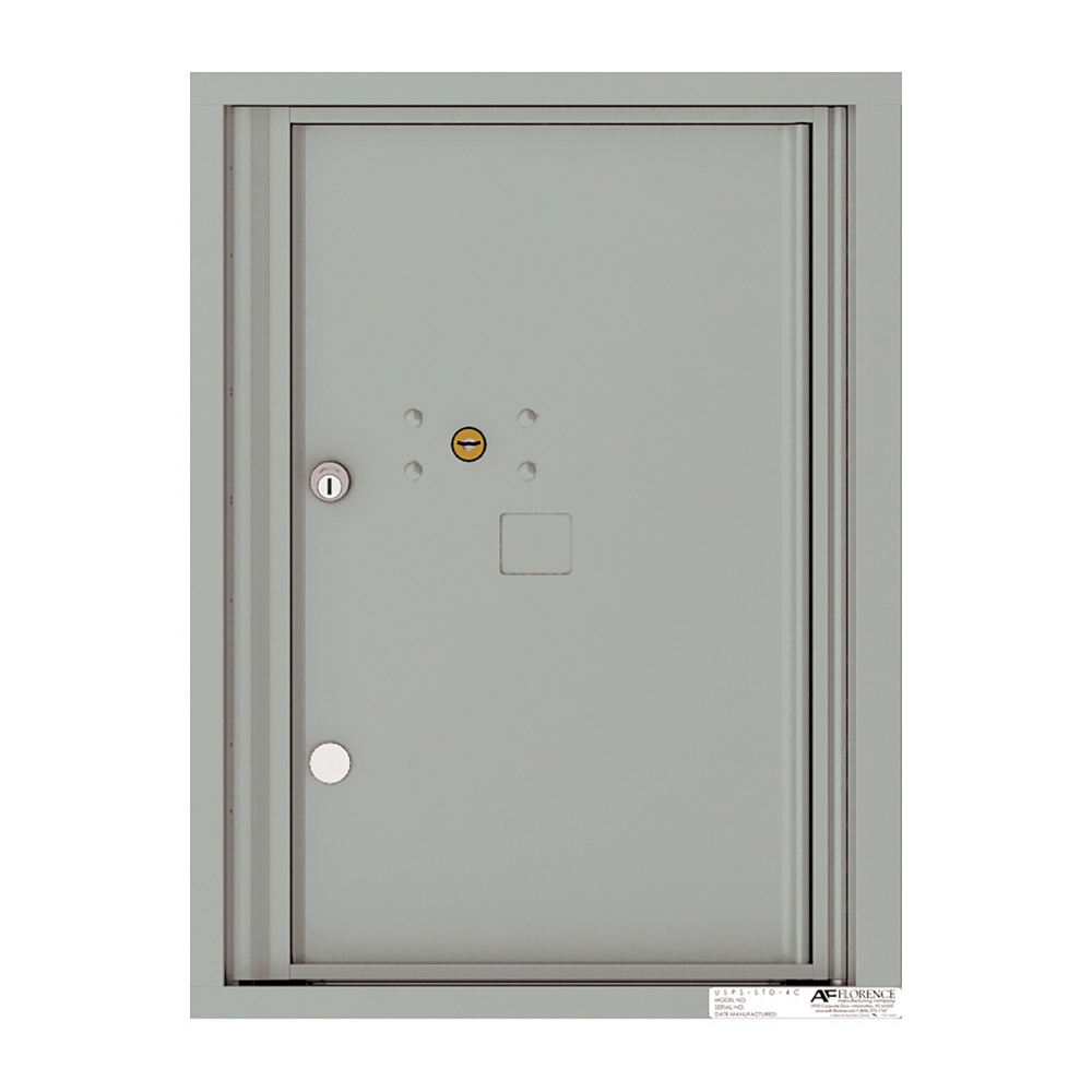 Gray metal security door with a keyhole and circular lock, viewed from the front.