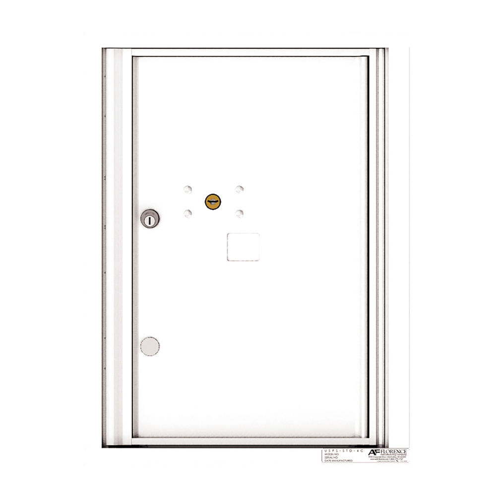 White metal door with a mail slot, peephole, and lock, set in a simple frame.
