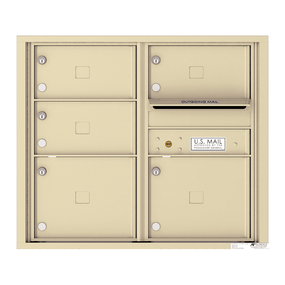 Beige wall-mounted mailbox unit with multiple compartments and outgoing mail slot.