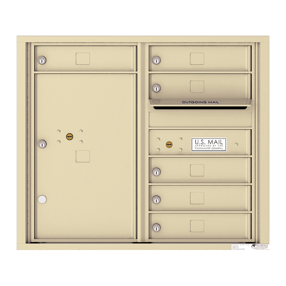 Beige wall-mounted USPS-approved mailbox with multiple compartments and locks.