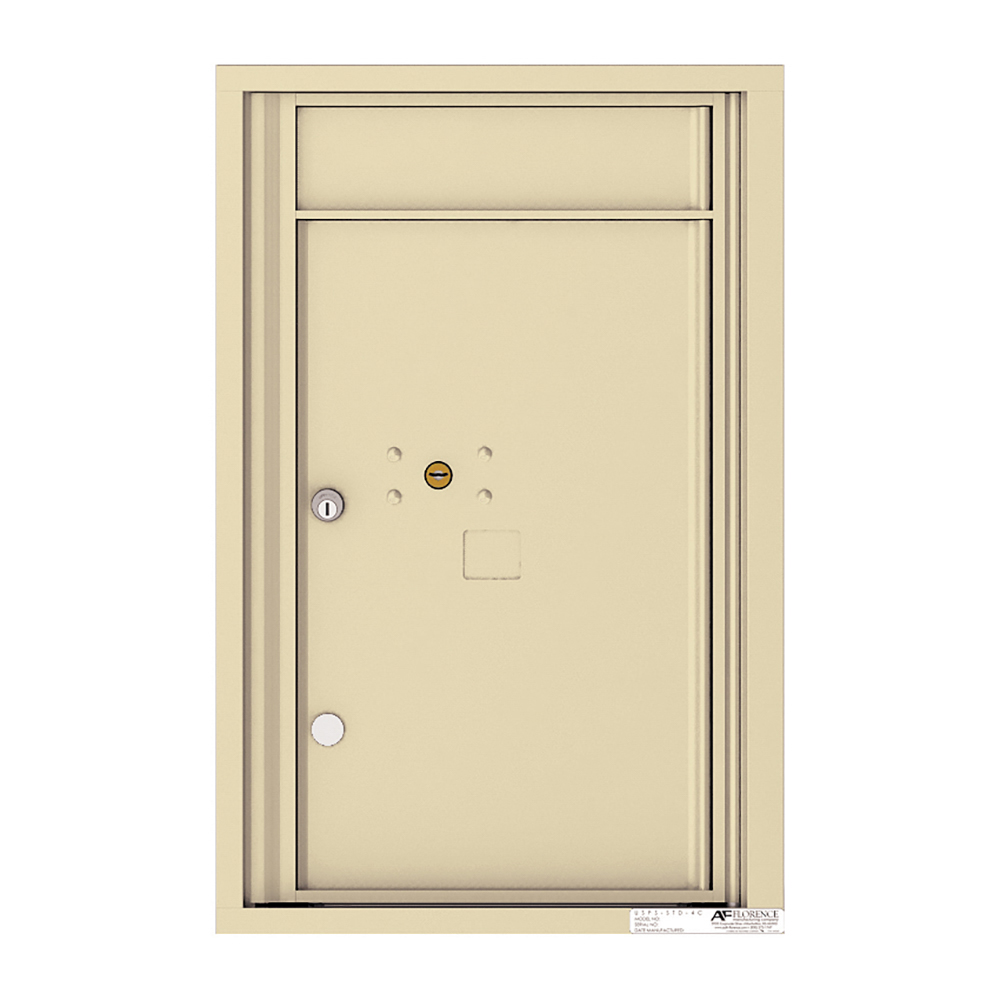 Beige metal mailbox with lock and mail slot, front view.