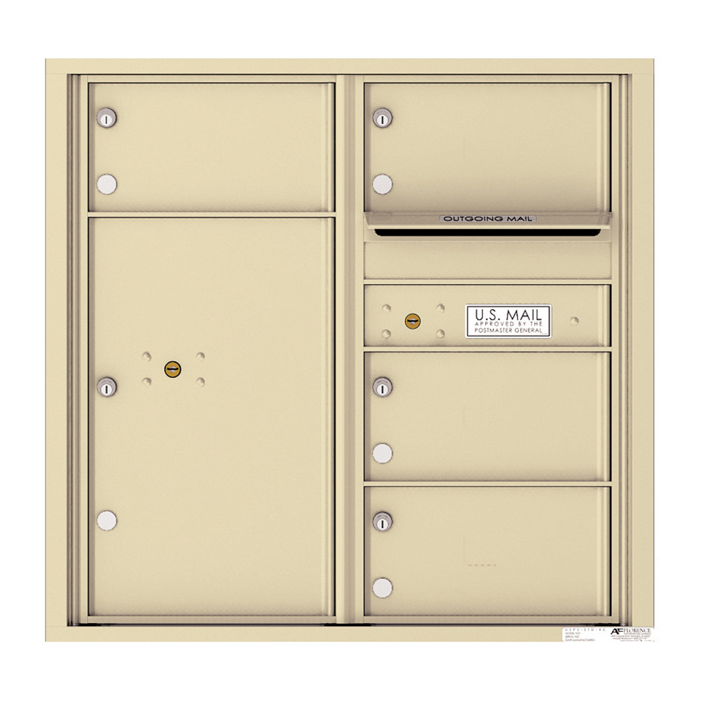 Beige wall-mounted USPS-approved mailbox unit with multiple compartments.