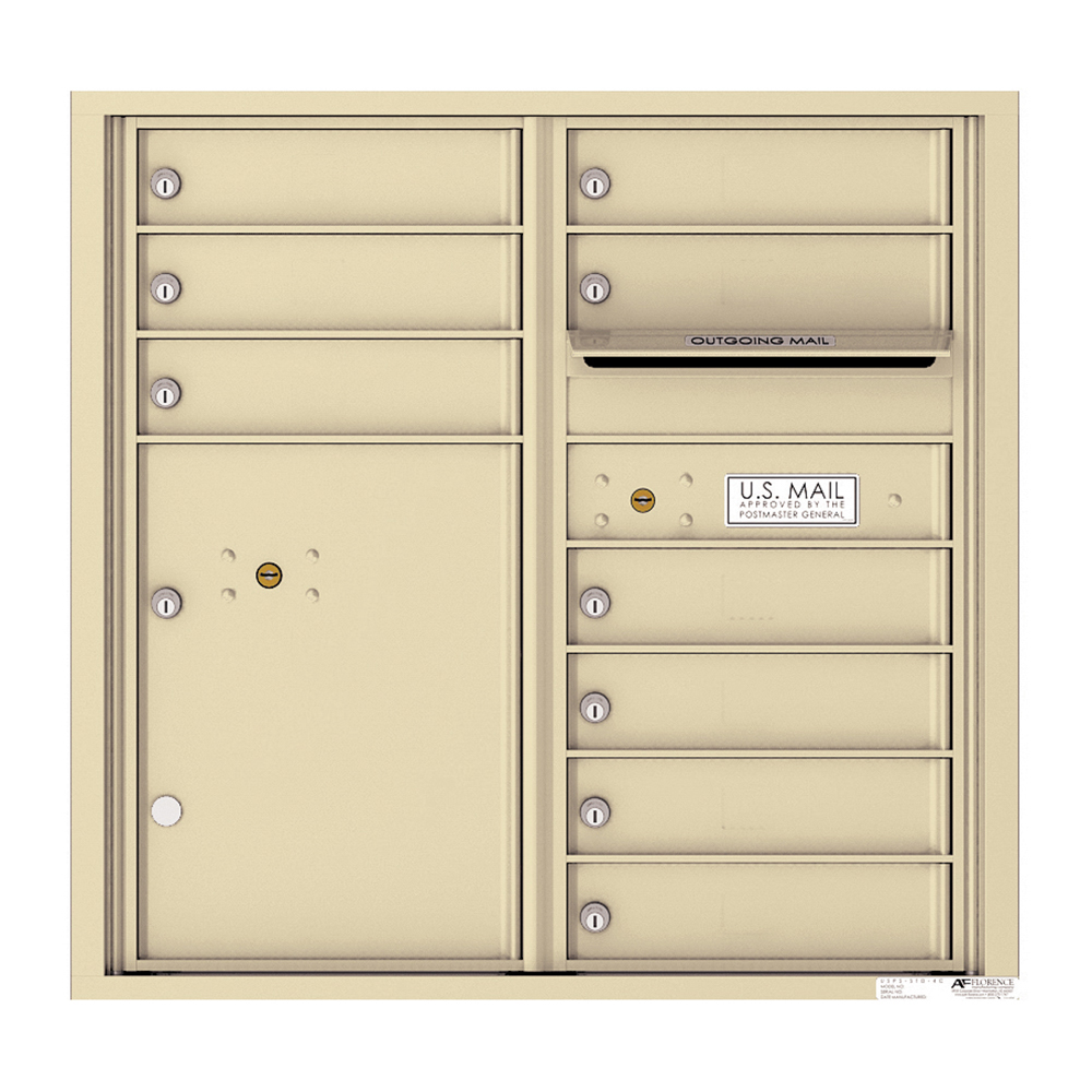 Beige multi-unit mailbox with individual locks and an outgoing mail slot.