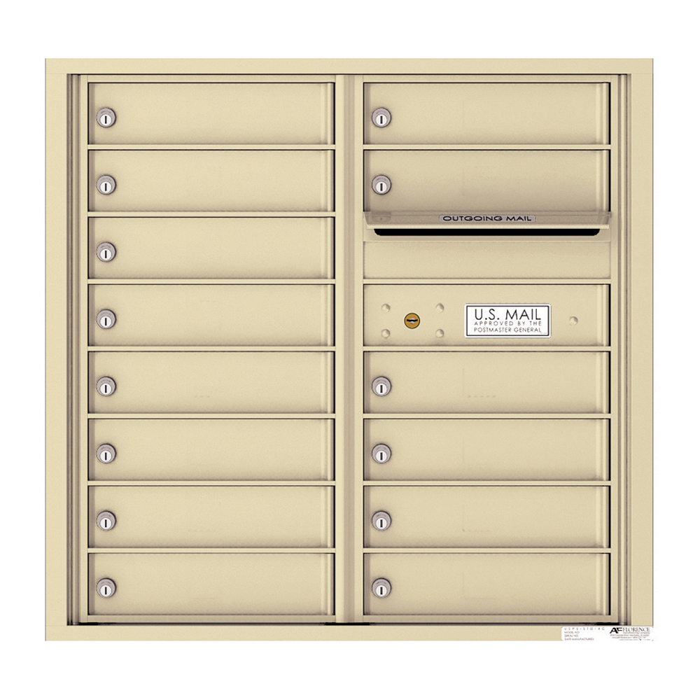 Beige multi-unit mailbox with individual locks and outgoing mail slot.