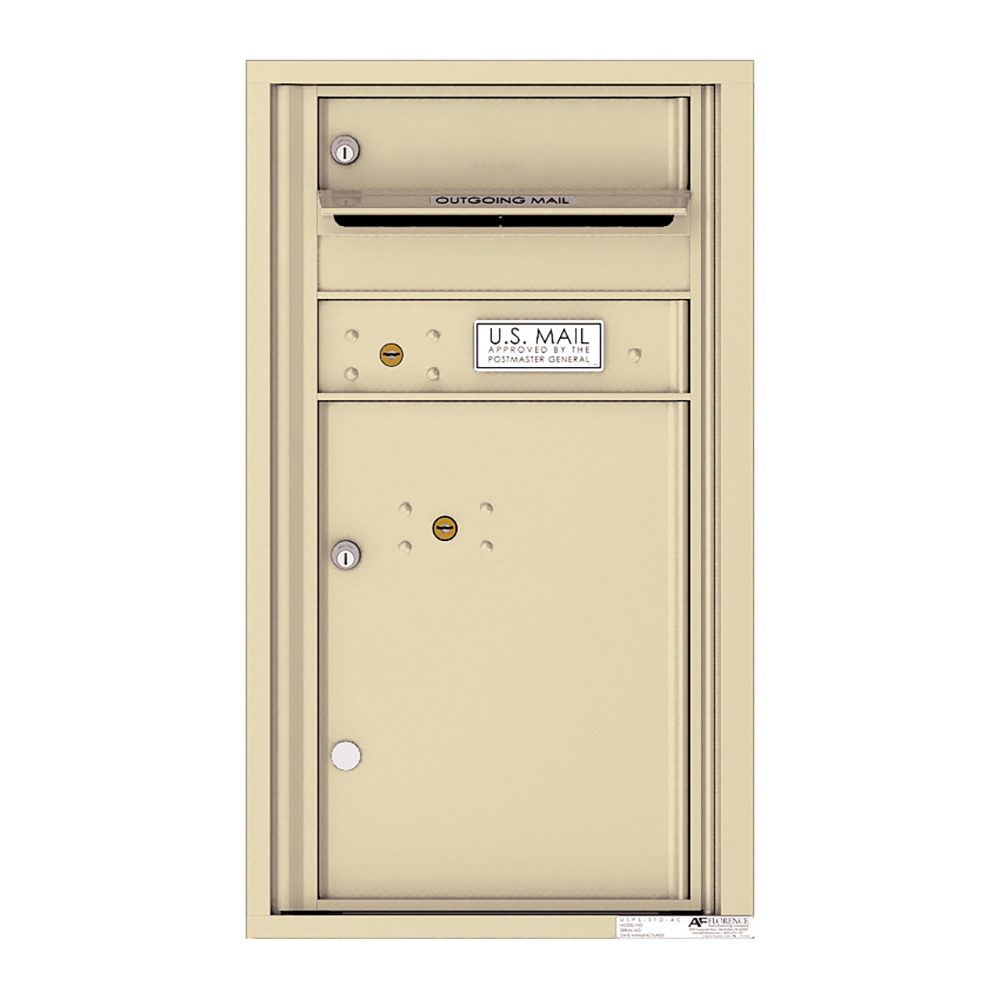 Tan wall-mounted U.S. Mailbox with outgoing mail slot and lockable compartments.