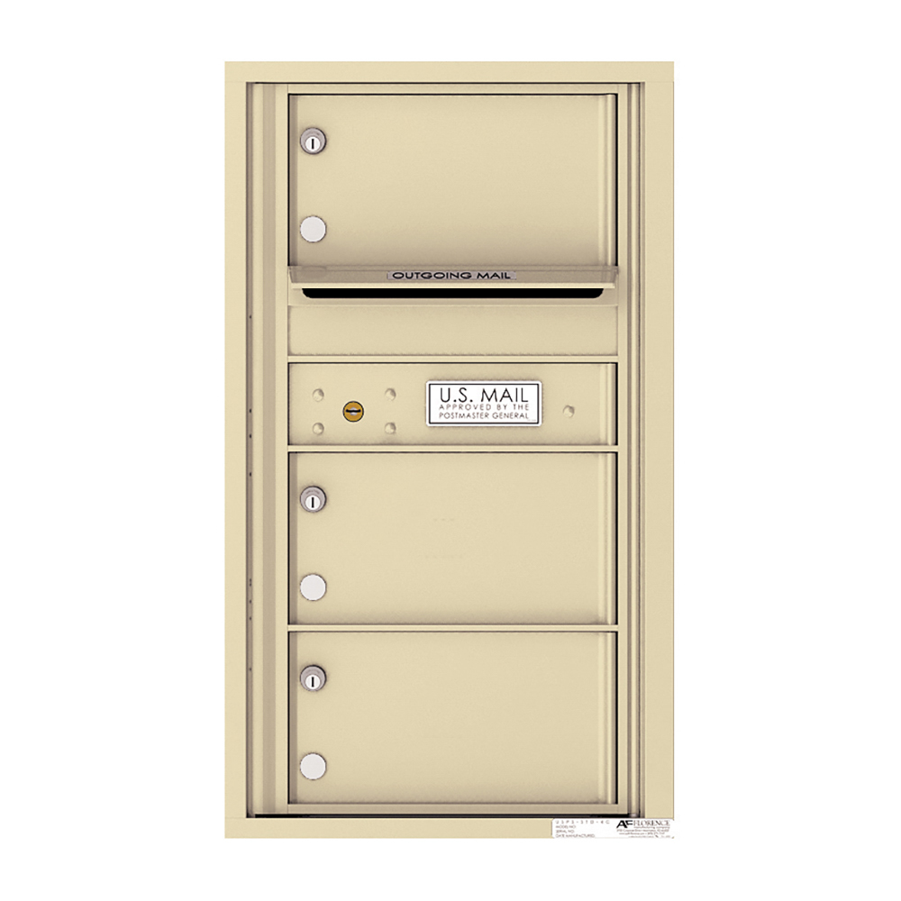 Beige wall-mounted U.S. Mailbox with three locked compartments and an outgoing mail slot.