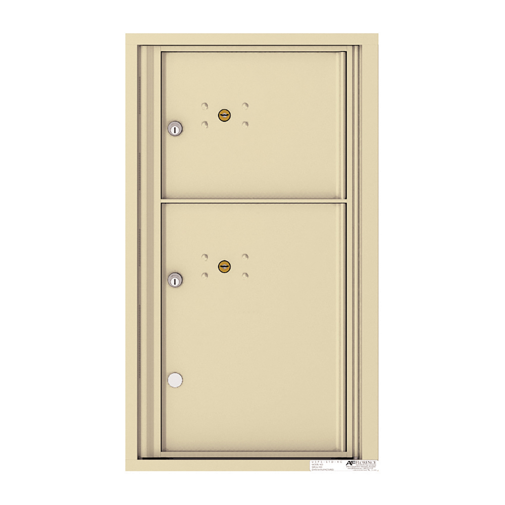 Beige double-door metal mailbox with key locks and small circular vents.