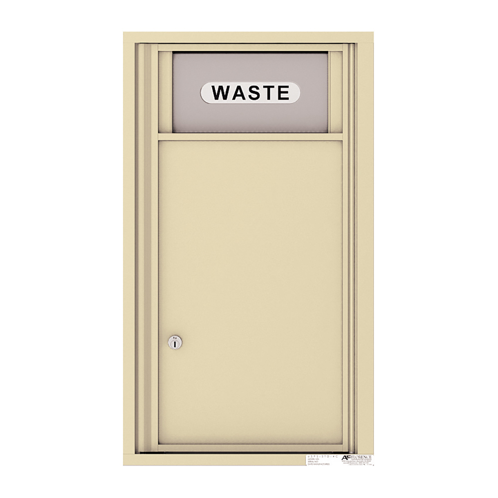 Beige wall-mounted waste receptacle with lockable door and "WASTE" label.
