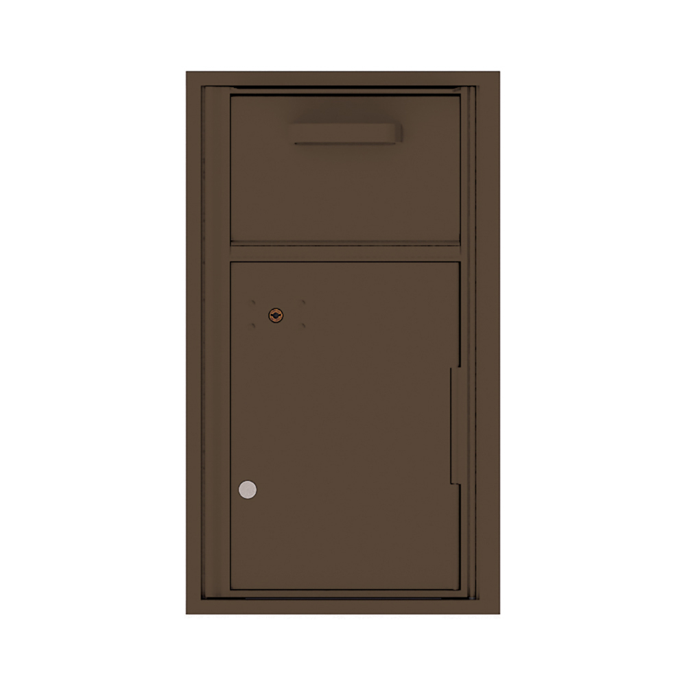 Brown wall-mounted mailbox with a mail slot and lockable door.