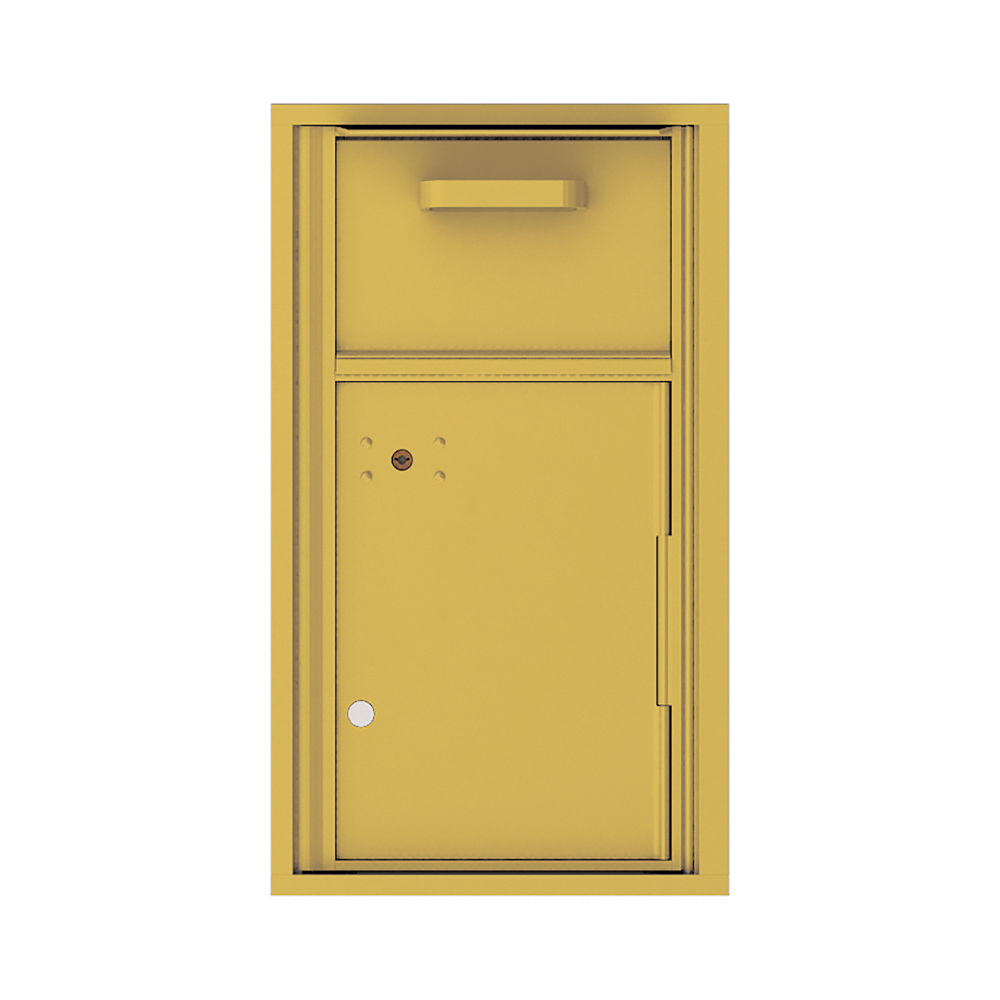 Yellow wall-mounted mailbox with a mail slot and lockable door.