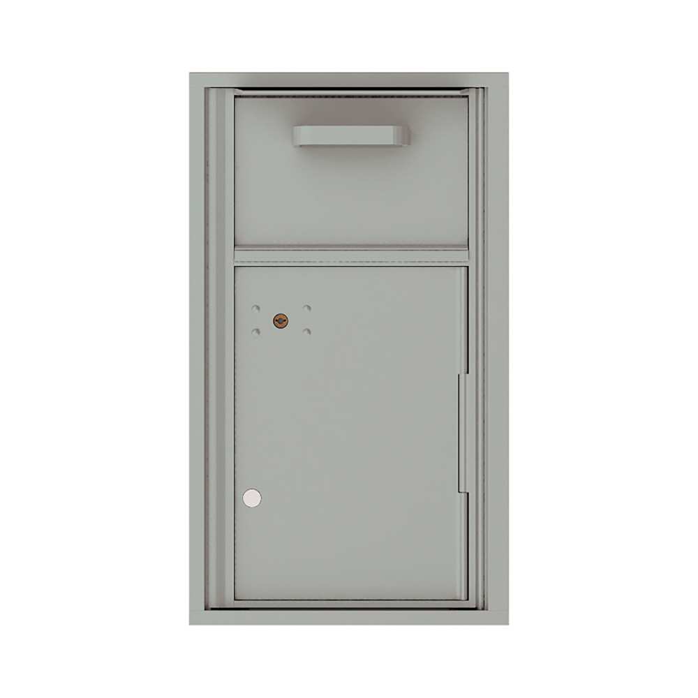 Gray metal wall-mounted mailbox with a mail slot and lockable compartment.