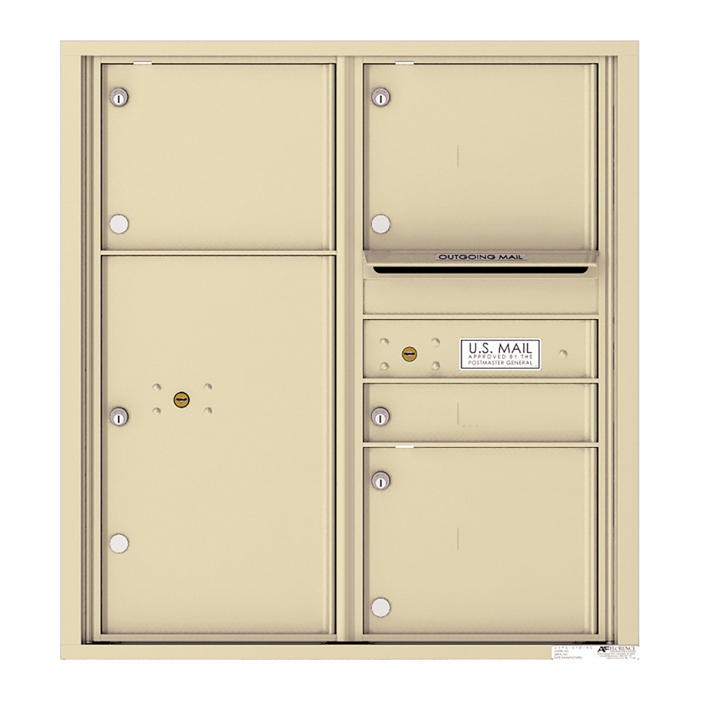 Beige wall-mounted U.S. Mailbox with multiple compartments and outgoing mail slot.