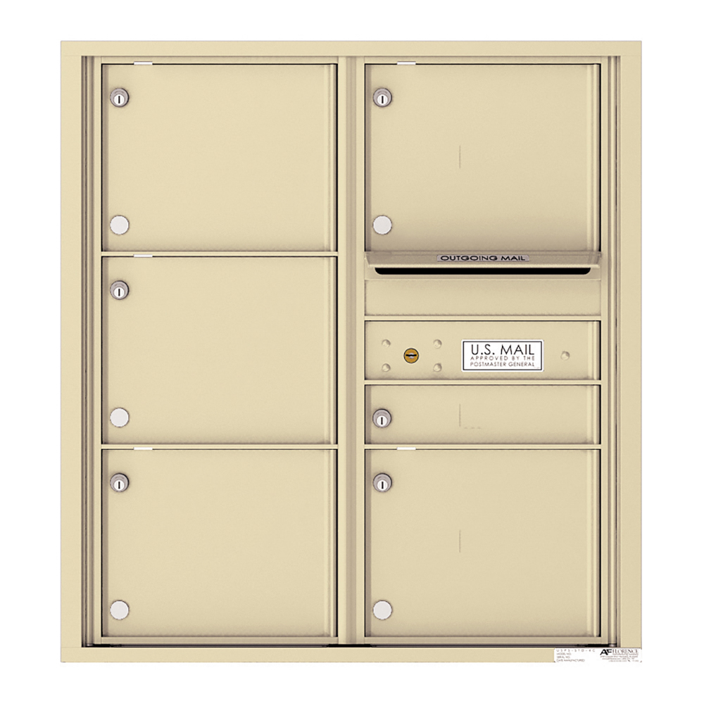 Beige wall-mounted USPS mailbox unit with multiple compartments and outgoing mail slot.