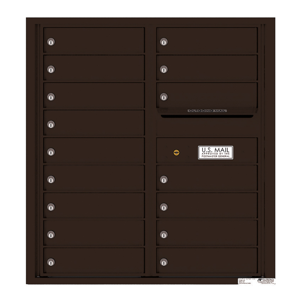 Dark brown multi-unit mailbox with individual locked compartments and an outgoing mail slot.