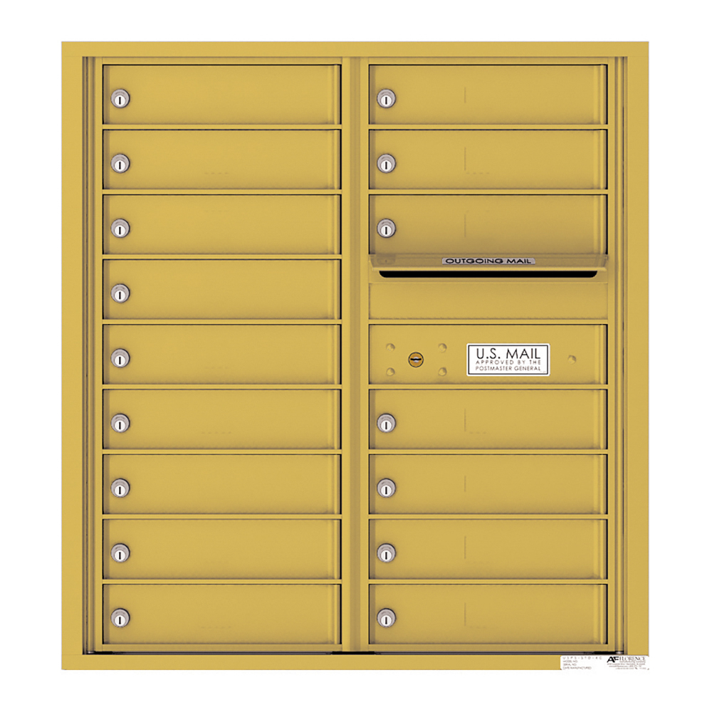 Yellow wall-mounted cluster mailbox with multiple compartments and an outgoing mail slot.