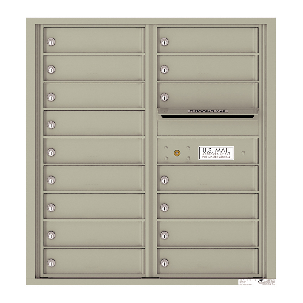 Cluster mailbox unit with multiple locked compartments and an outgoing mail slot.