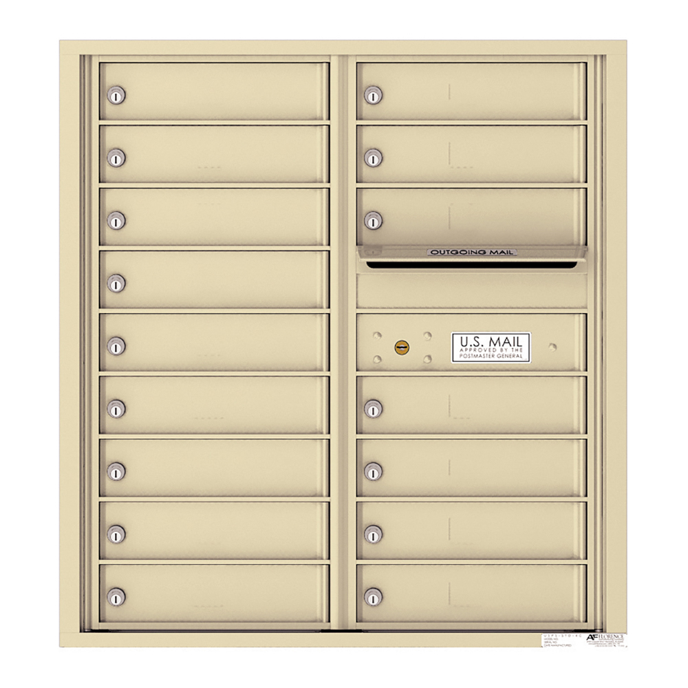 Beige multi-unit mailbox with individual locked compartments and an outgoing mail slot.