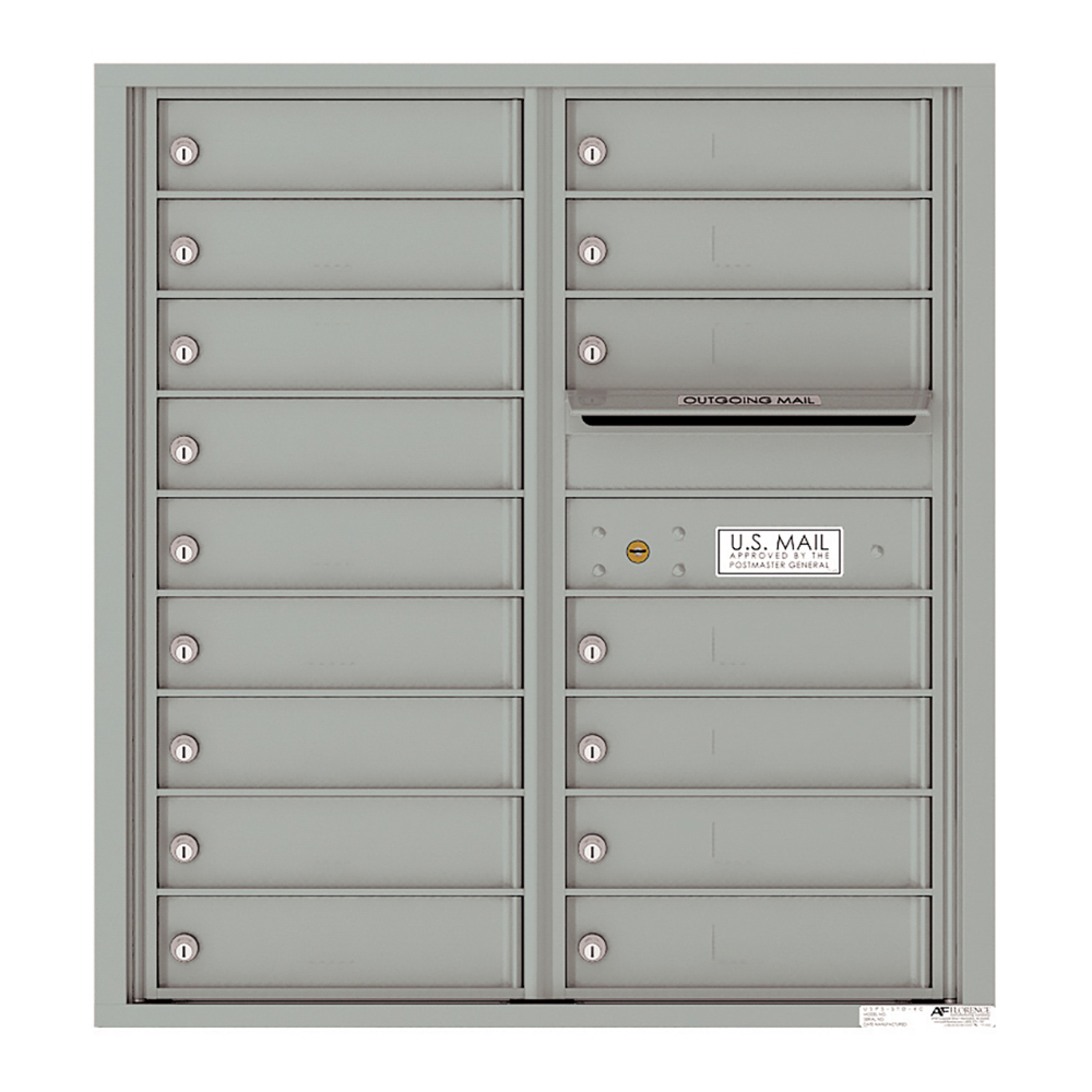 Gray metal cluster mailbox with multiple locked compartments and an outgoing mail slot.