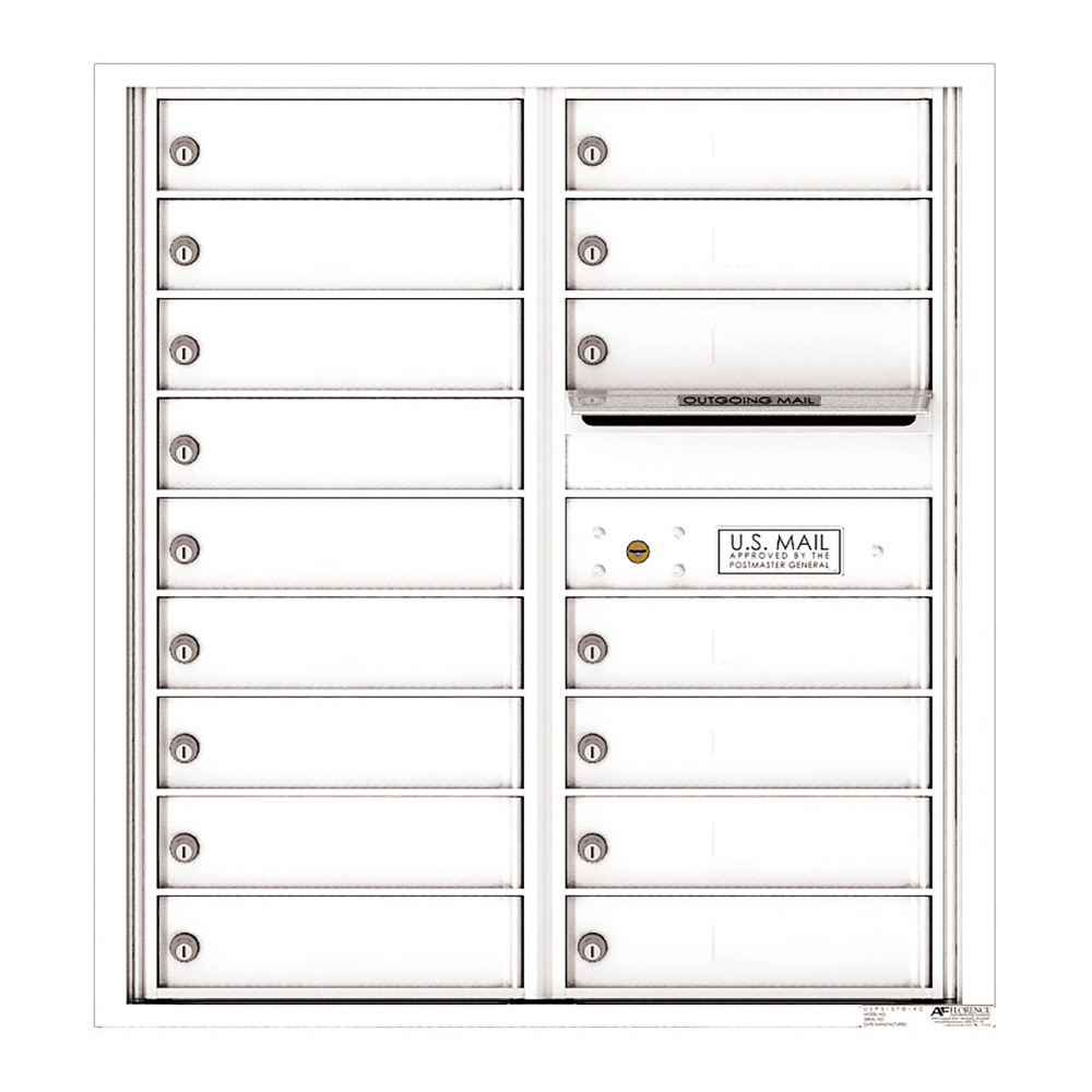 White multi-unit mailbox with individual locked compartments and outgoing mail slot.