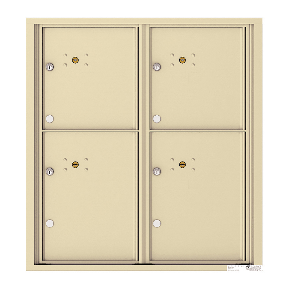Beige four-door wall-mounted mailbox unit with key locks.
