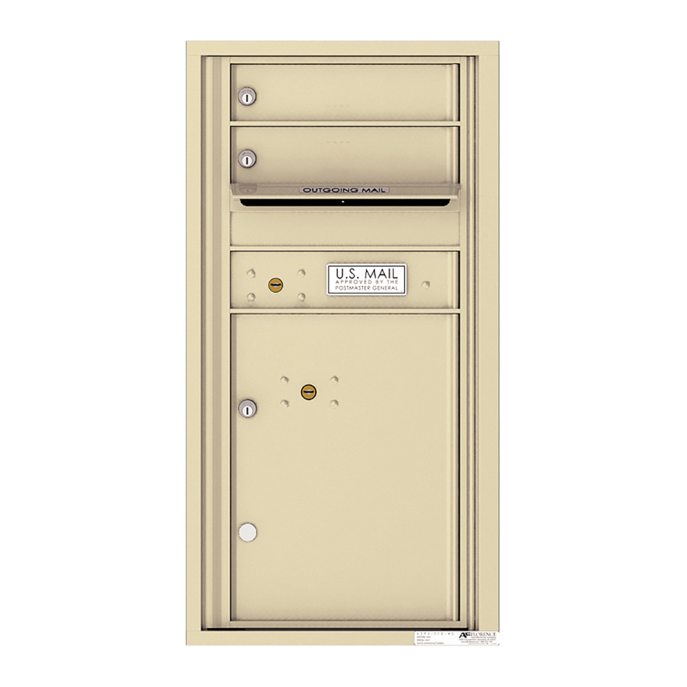 Tan wall-mounted U.S. Mailbox with outgoing mail slot and lockable compartments.