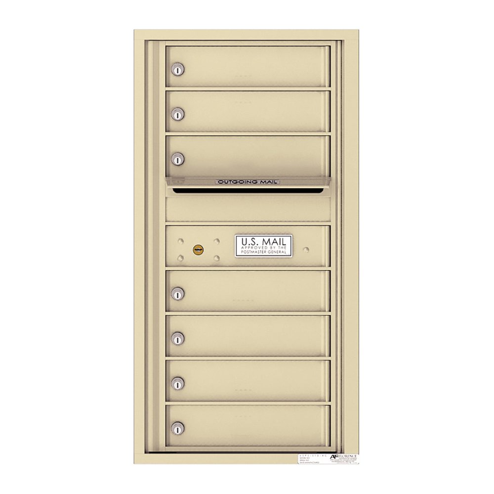 Beige multi-unit mailbox with six compartments and outgoing mail slot.