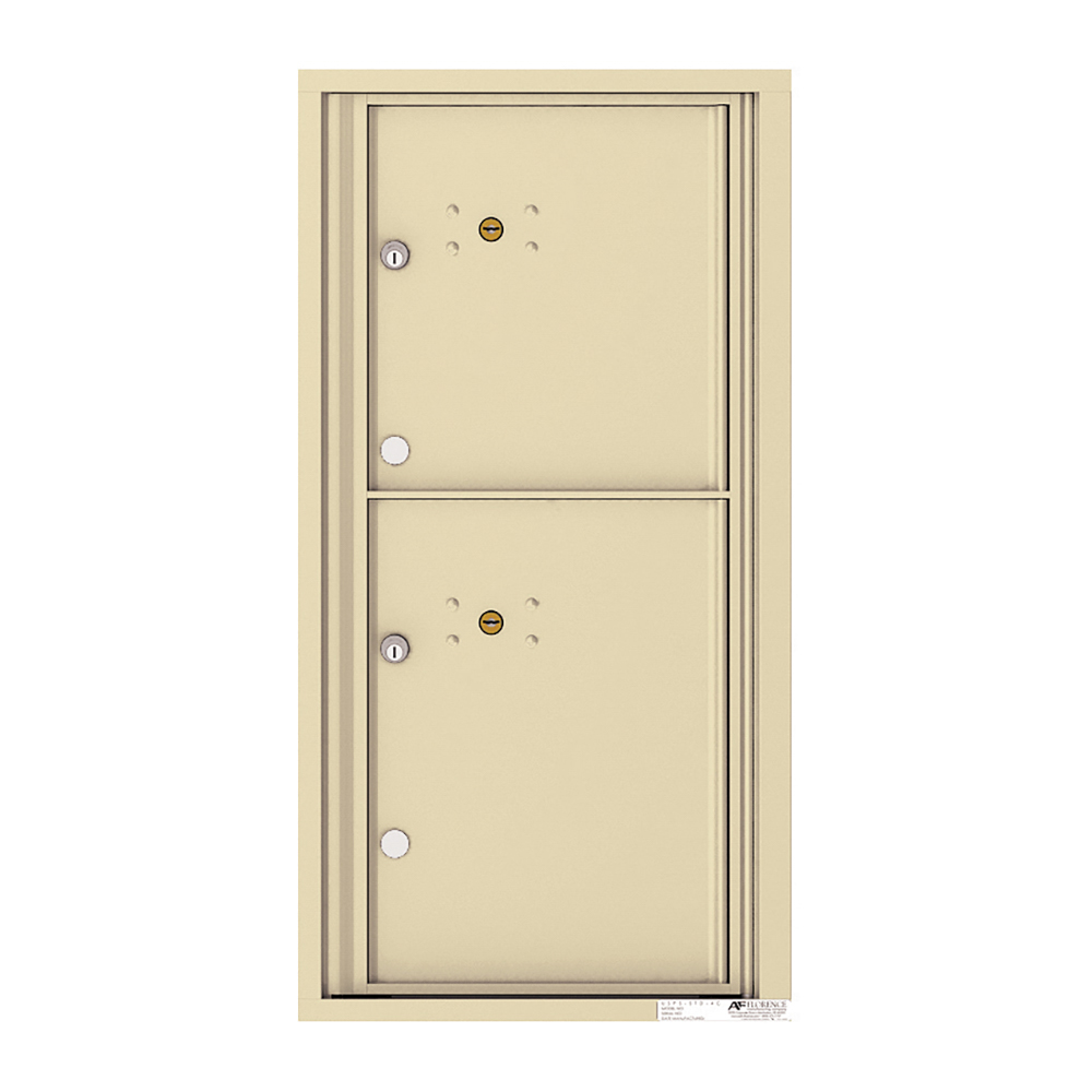 Beige double mailbox unit with two lockable compartments and keyholes.