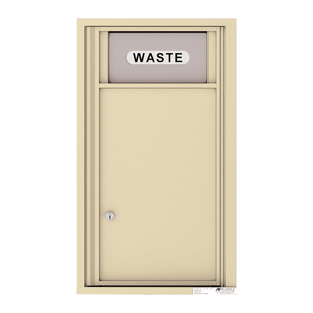 Beige wall-mounted waste receptacle with lockable door and "WASTE" label.