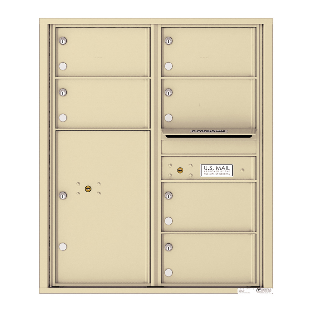 Beige wall-mounted mailbox unit with multiple compartments and an outgoing mail slot.
