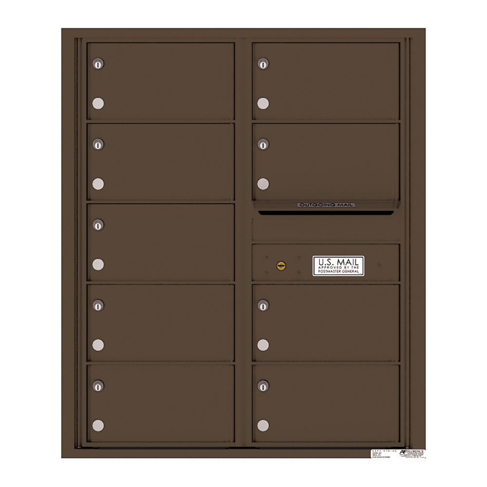Brown wall-mounted mailbox unit with multiple compartments and an outgoing mail slot.