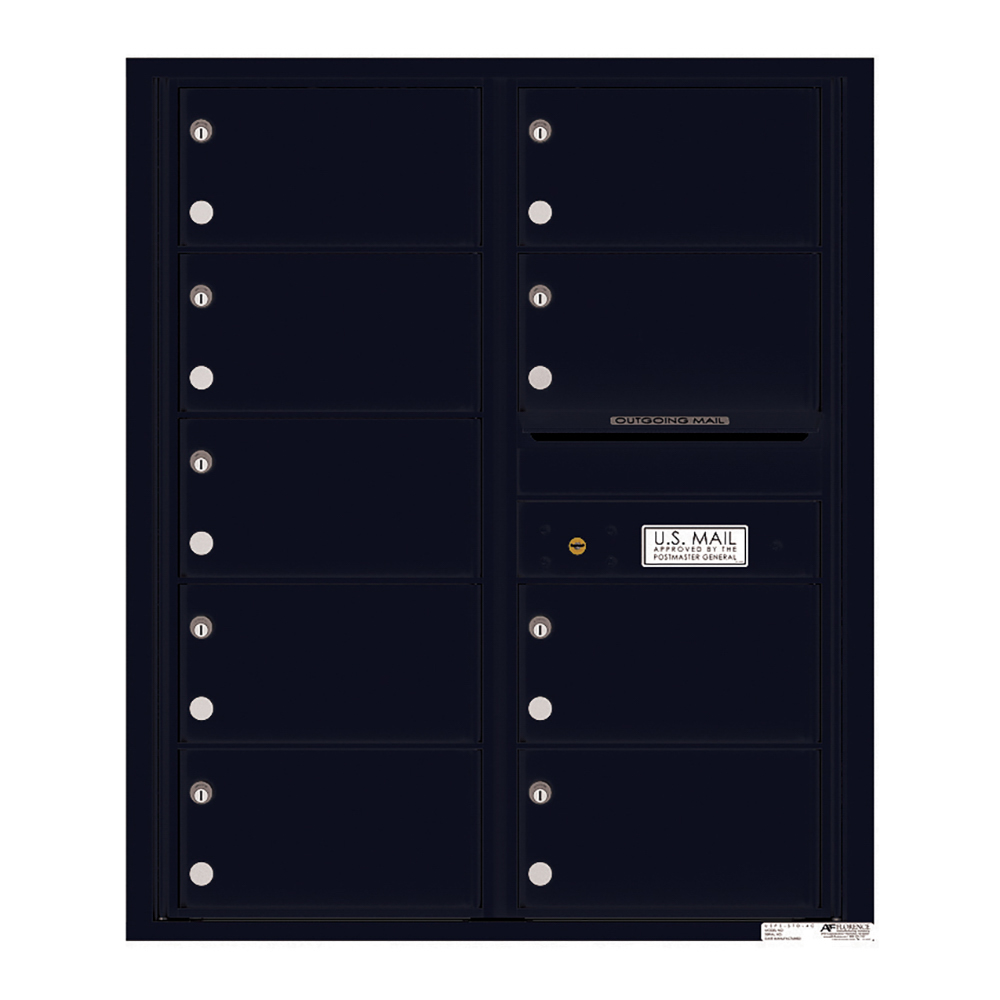 Black wall-mounted mailbox unit with multiple compartments and a U.S. Mail slot.