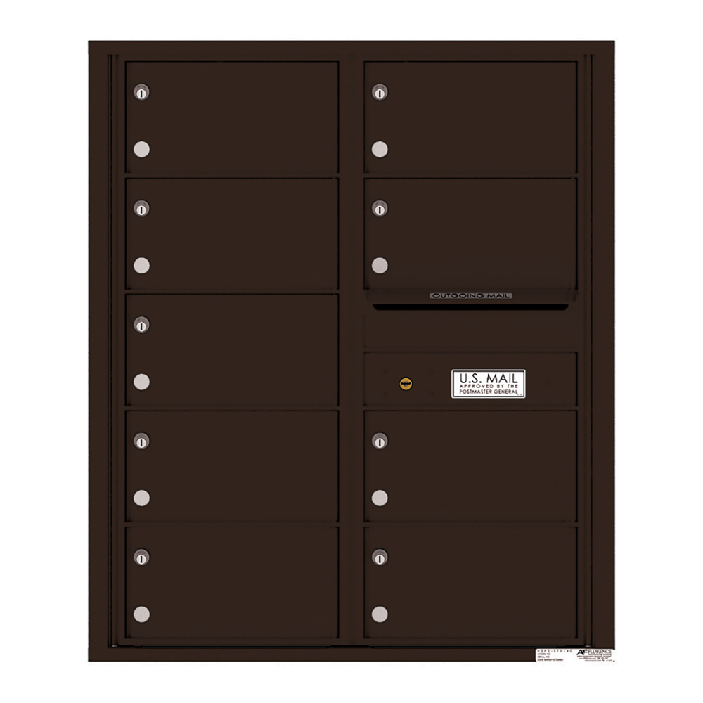 Dark brown wall-mounted cluster mailbox with multiple compartments and a U.S. Mail label.