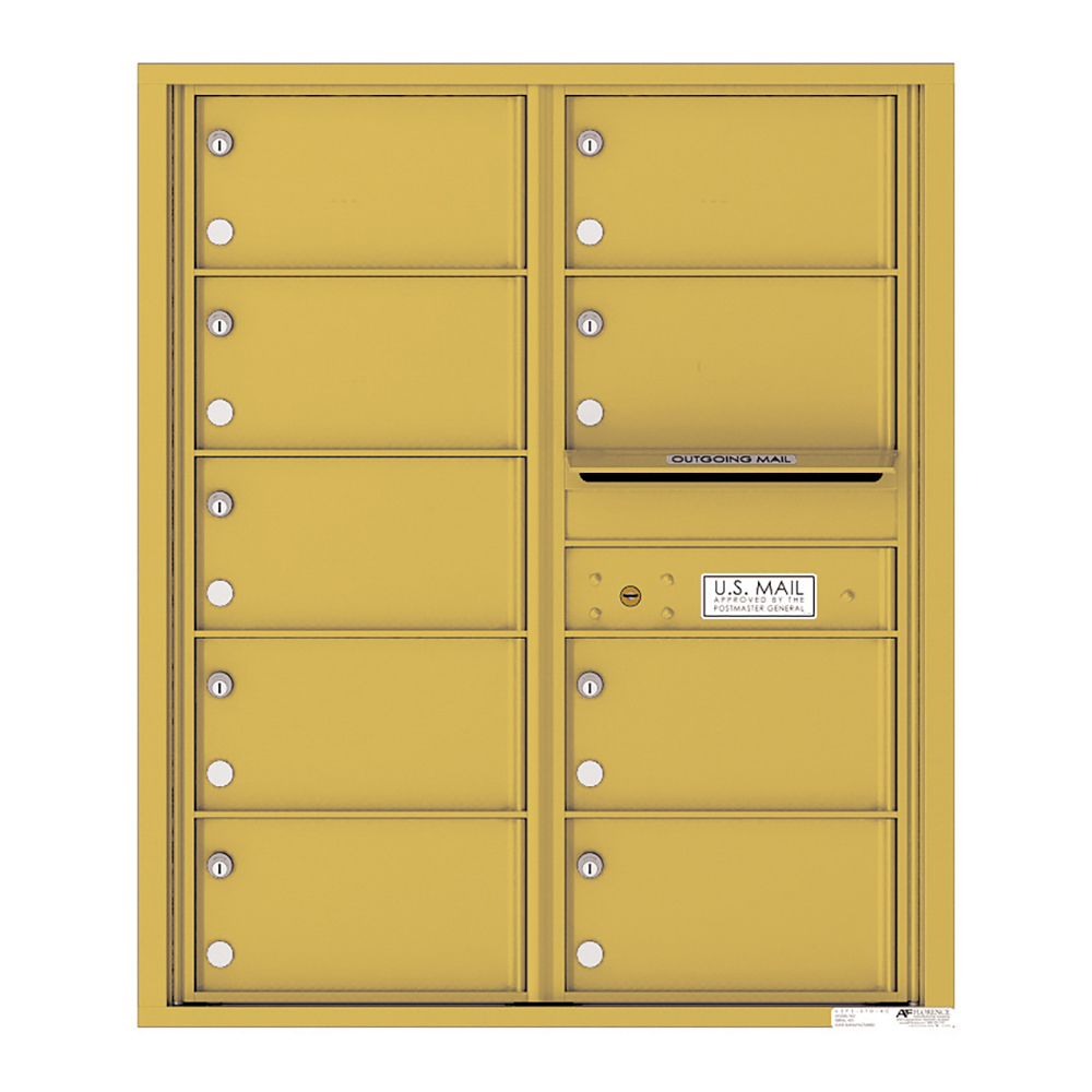 Yellow multi-unit mailbox with individual locks and an outgoing mail slot.