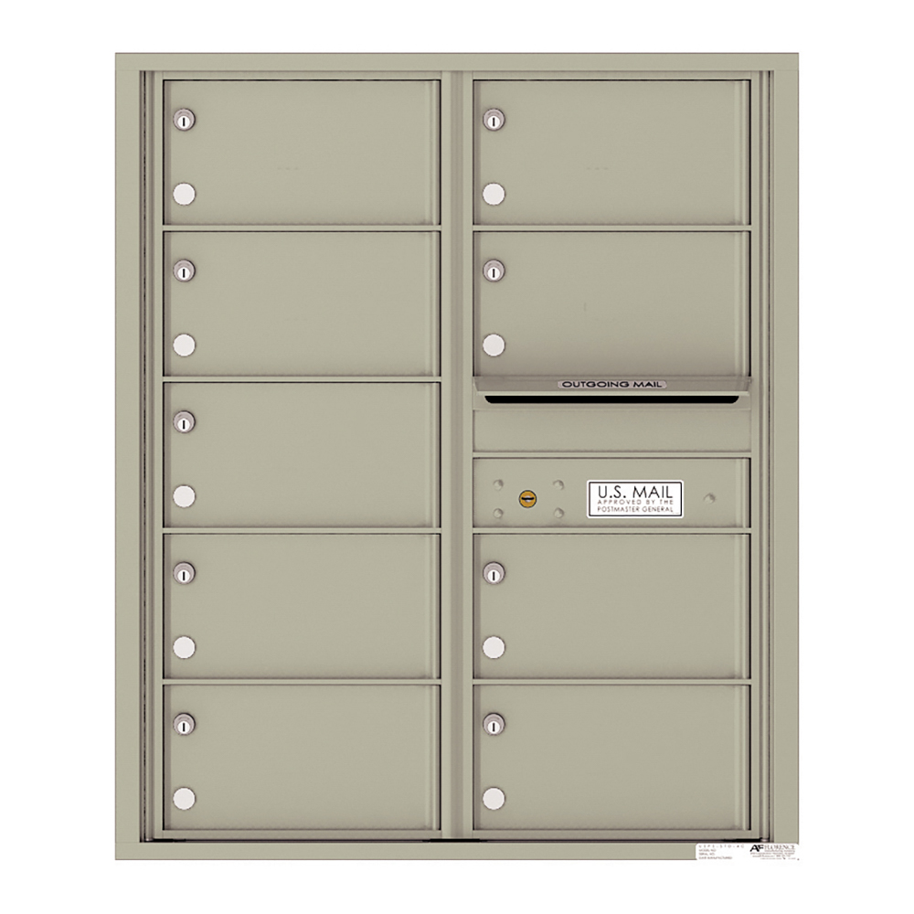 Beige wall-mounted cluster mailbox with multiple compartments and an outgoing mail slot.