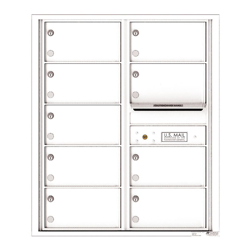 White wall-mounted mailbox unit with multiple locked compartments and an outgoing mail slot.