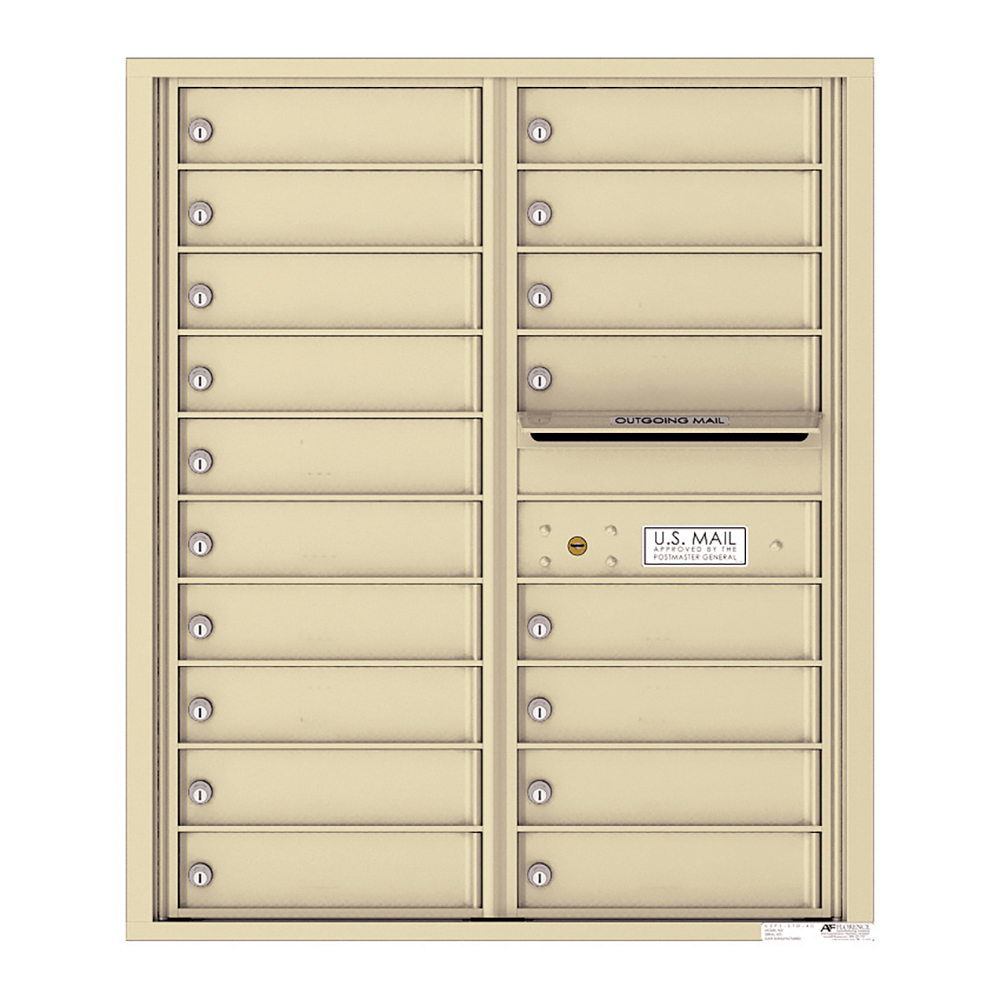 Beige wall-mounted cluster mailbox with multiple locked compartments and an outgoing mail slot.