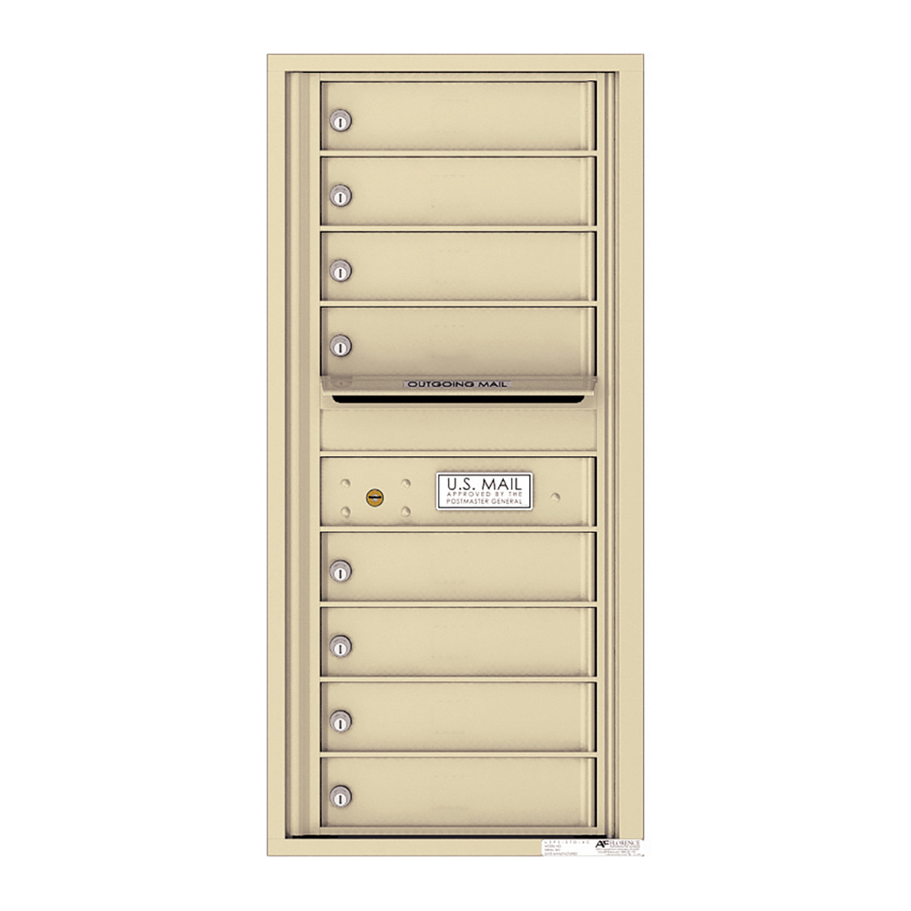Beige multi-unit mailbox with eight compartments and an outgoing mail slot.
